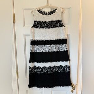 NEW St John Couture Knit Black White Multi Stripe Sequin Lace Formal Dress Sz 12